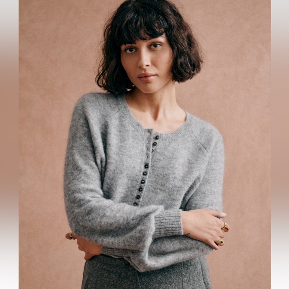 Sezane Light Gray Button-Front Mohair Sweater